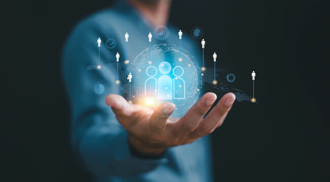 Customer relationship management CRM concept. Customer service community online marketing. Businessman hold of global structure customer network. Human Resources HR management recruitment employment.