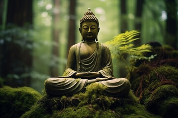The serene green forest is home to a majestic old Buddha statue, radiating tranquility and harmony.