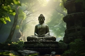 Fotobehang The serene green forest is home to a majestic old Buddha statue, radiating tranquility and harmony. © Caming