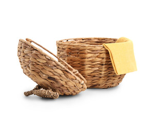 Open Wicker basket with lid isolated on white background