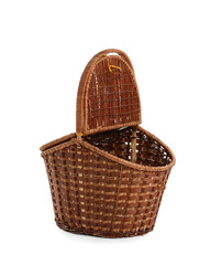 Open wicker basket with lid isolated on white background