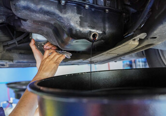 Close up view of a Maintenance Car service - auto oil change, motor check, brake cleaning, tire check, engine inspection, motor oil-brake inspection