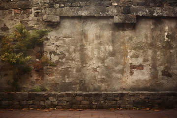 Exterior weathered wall with a tree and old stone blocks