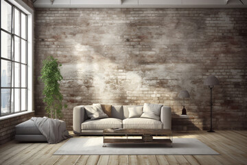 modern living room with vintage brick wall, couch and standing plants, copy space