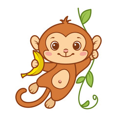Baby Monkey with Banana Cartoon Vector Illustration