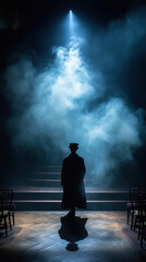 Mystique Unveiled: A Lone Figure on a Foggy Stage,Silhouette of a person in a fog of misty smoke
