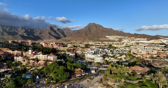 Beautiful aerial view on the pool and palms on island Tenerife Spain, Canary Islands. Amazing landscape to Playa del Duque
