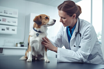 A veterinarian wearing gloves examines a dog in a veterinary office. Healthy pet being examined in a modern veterinary clinic