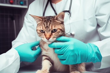 A veterinarian wearing gloves examines a cat in the office