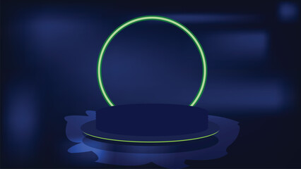 Empty blue podium floating in the air with blue neon ring on background.