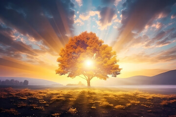 the sun shines over an autumn land with a field and trees - Powered by Adobe