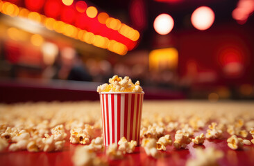 popcorn in a red movie theatre sitting on red carpet