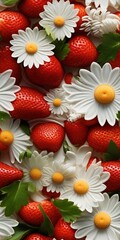 Seamless pattern texture of chamomile flowers made from cream and caramelized strawberries. AI Generation 