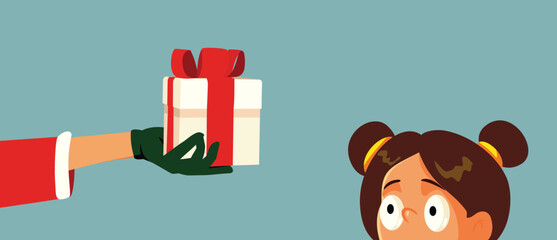 Surprised Child Receiving a Gift from Santa Vector Cartoon Illustration. Funny puzzled kid trying to figure out what is inside Xmas present 
