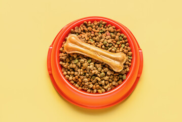 Bowl of dry dog food and chew bone on color background