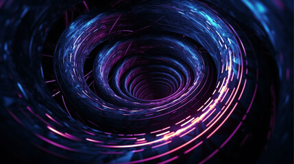 Abstract colorful neon light twirl pattern, blue and pink light on dark background.