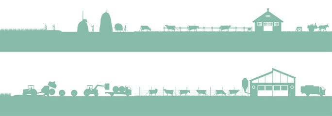 酪農業。乳牛と牛舎と牧草作業。　現在と過去の仕事の変化のシルエットイラスト