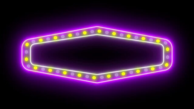 billboard with neon lights and retro vintage round lights flashing and rotating neon advertising signboard animation colors green purple orange blue and pink squares