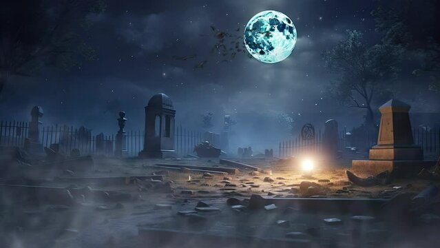 the atmosphere of a cemetery at night during a Halloween event with a little scary smoke. seamless looping time-lapse virtual video animation background.	
