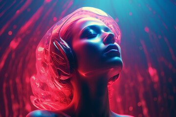 Sci-fi, fantasy, beauty, fashion concept. Sci-fi very beautiful and sexy looking woman close-up portrait. Futuristic style with neon colored light. Model clothing made from plastic. Generative AI