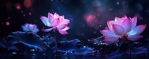 Fotobehang Fluorescent lotus flowers bloomed on a magical night. AI Generation  © Olmyntay