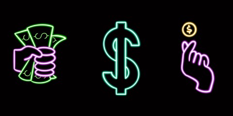 Neon Finance Set, Dollar Bill, Hand, Coin. glowing desktop icon, neon sticker, neon figure, glowing figure, neon geometrical figures 