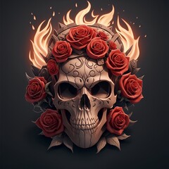 fire mascot skull head and rose, esport game logo, banner, logo. AI generated