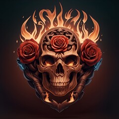 fire mascot skull head and rose, esport game logo, banner, logo. AI generated