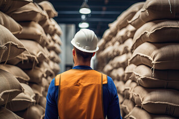 Back view of a worker on a warehouse with burlap sacks with grain or coffee - obrazy, fototapety, plakaty