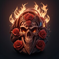 fire mascot skull head and rose, esport game logo, banner, logo. AI generated