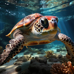 Fototapeta premium Sea Turtle Swimming in Coral Reef,turtle swimming in the sea