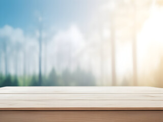 Wood table top on blurred forest with sunshine background - can be used for display or montage your products.AI