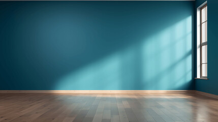 Empty Blue Wall with Wooden Floor and Window-Cast Shadows
