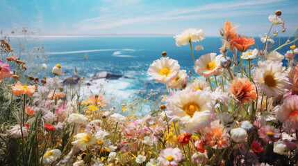 beautiful flowers and an ocean view on the background
