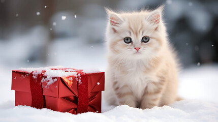 Curious Kitten by Red Gift Box