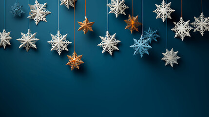 Hand-Crafted Origami Snowflakes Dangling Over a Blue Background