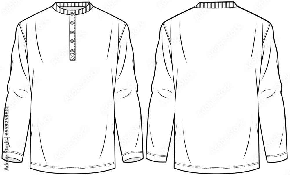 Sticker mens long sleeve henley t shirt flat sketch vector illustration front and back view mock neck full sleeve t shirt technical cad drawing template