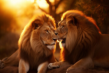 a pair of lions kissing