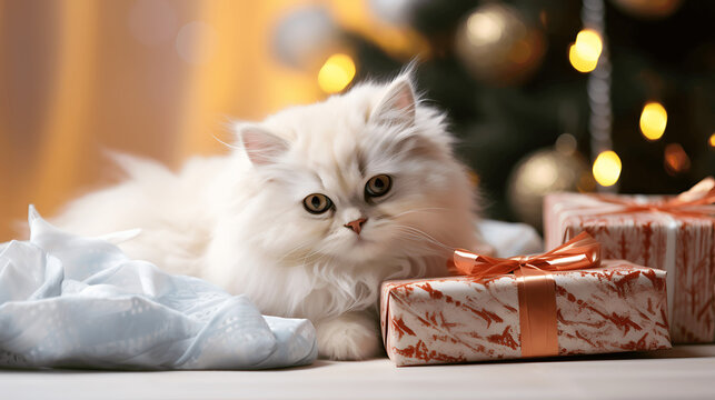 White Kitten Snuggled Next to a Wrapped Gift Under a Christmas Tree