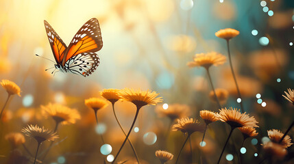 Yellow Summer Meadow with Wildflowers and Fluttering Butterfly