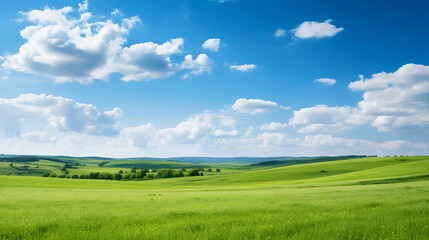 Panoramic View of a Green Meadow Under a Blue Sky with Flowers
