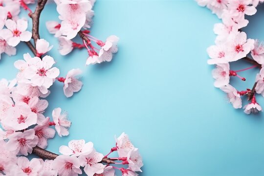 Sakura blossom flowers and may floral nature on blue background. For banner, branches of blossoming cherry against background. Dreamy romantic image, landscape panorama, copy space. generative ai.