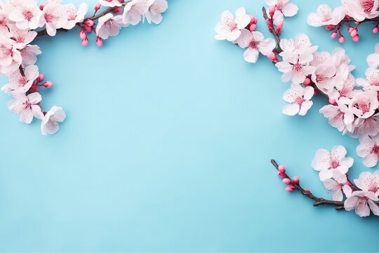 Sakura blossom flowers and may floral nature on blue background. For banner, branches of blossoming cherry against background. Dreamy romantic image, landscape panorama, copy space. generative ai.