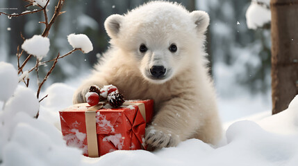 Polar Bear Cub with Gifts in Snowy Park