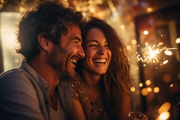 Laughing People, man and woman friend, Christmas time celebration with sparklers in party room. AI...