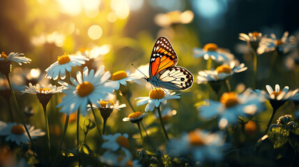 Field of Wild Daisies and a Butterfly in Morning Sunlight