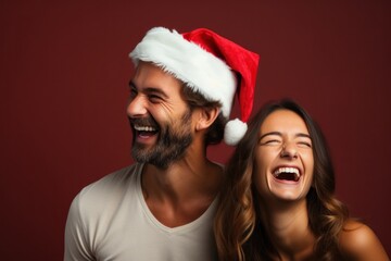 Laughing young men and young women, wearing Santa Claus hats celebrate Christmas in the party room. AI generative