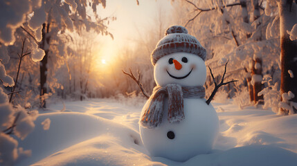 Obraz premium Joyful Snowman Waving in a Snowy Forest at Sunset