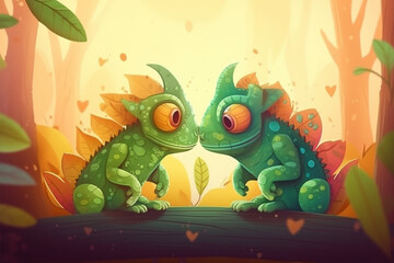 cartoon illustration, a pair of chameleons kissing