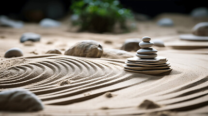 Fototapeta na wymiar Zen Garden Close-up with Raked Sand and Stones